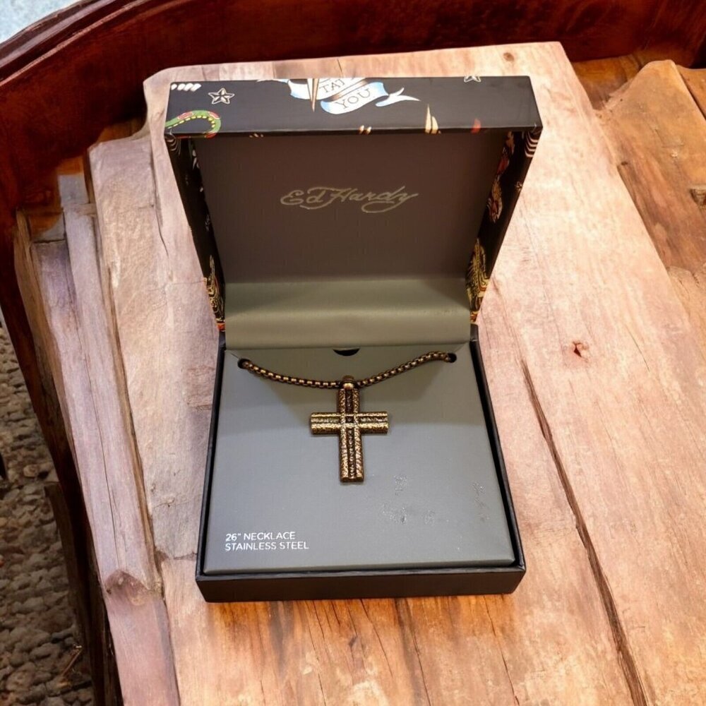 Ed Hardy Mens Necklace Cross Bronze Tone 26" Chain Pendant‎ Gothic New In Box